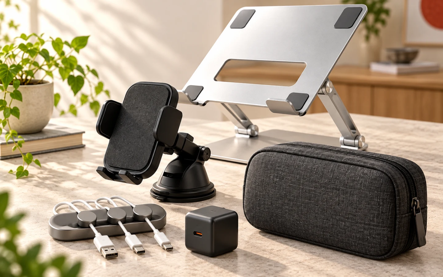 A laptop stand, phone mount, organizer pouch and compact tech accessories arranged on a bright desk.